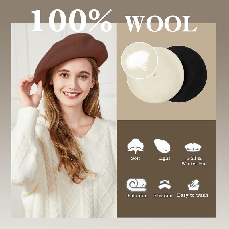 recapitula XXL 100% Wool French White Beret Hats for Women Man Painter hat Classic Painter's Hat Girl Solid Color Classic - Image 2